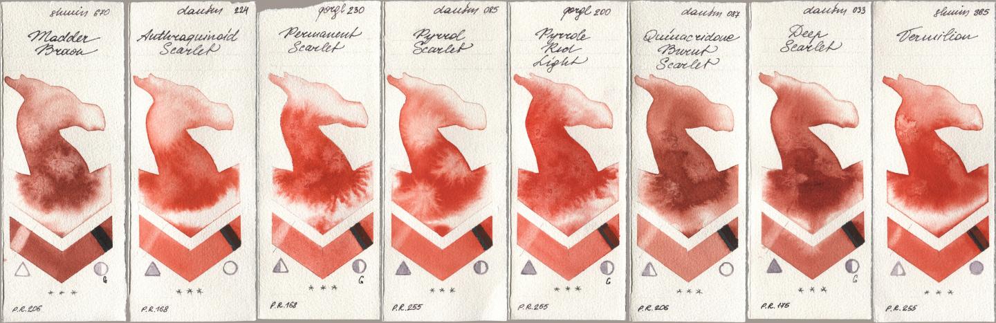 Shminke Horadam Aquarell 670 Madder Brown, Daniel Smith 224 Anthraquinoid Scarlet, Golden QOR 230 Permanent Scarlet, 085 Pyrrol Scarlet, 200 Pyrrole Red Light, 087 Quinacridone Burnt Scarlet, 033 Deep Scarlet, 365 Vermili watercolor swatch