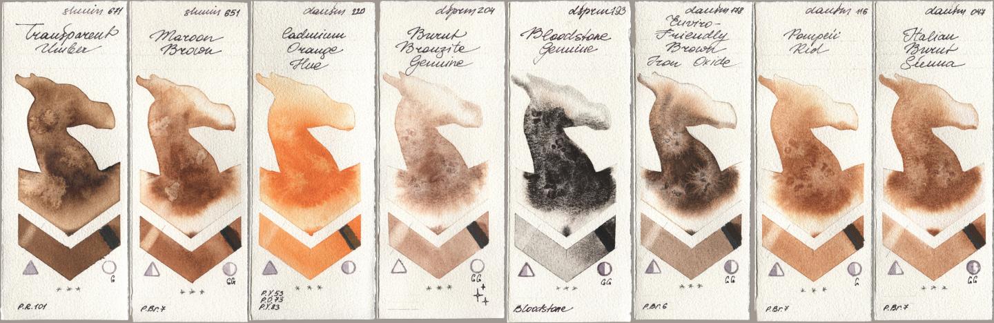 Shminke Horadam Aquarell 671 Transparent Umber, 651 Maroon Brown, Daniel Smith 220 Cadmium Orange Hue, 204 Burnt Bronzite Genuine, 193 Bloodstone Genuine, 178 Enviro-Friendly Brown Iron Oxide, 116 Pompeii Red, 047 Italian Burnt Sien watercolor swatch