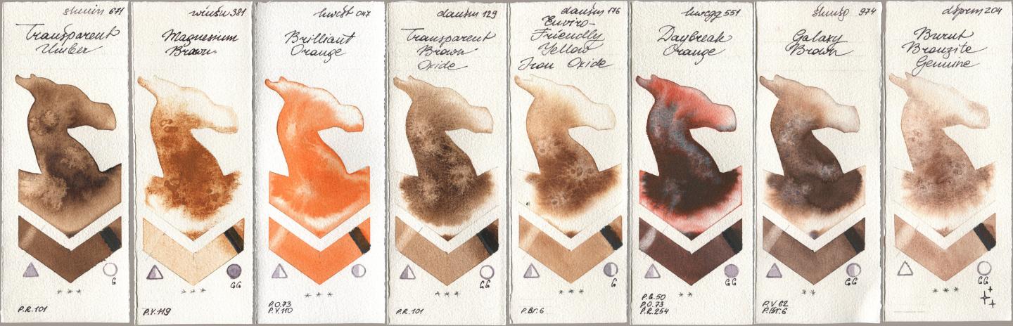 Shminke Horadam Aquarell 671 Transparent Umber, Winsor & Newton Professional 381 Magnesuim Brown, Holbein Artists Watercolor 047 Brilliant Orange, Daniel Smith 129 Transparent Brown Oxide, 176 Enviro-Friendly Yellow Iron Oxide, 551 Daybreak Orange, 974 Galaxy Brown, 204 Burnt Bronzite Genui watercolor swatch