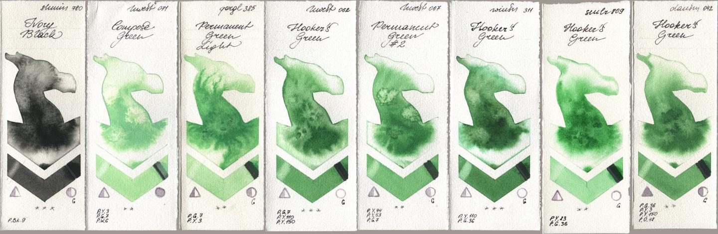 Shminke Horadam Aquarell 780 Ivory Black, Holbein Artists Watercolor 071 Compose Green, Golden QOR 385 Permanent Green Light, 062 Hookers Green, 067 Permanent Green No 2, Winsor & Newton Professional 311 Hookers Green, Sennelier l Aquarelle 809 Hookers Green, Daniel Smith 042 Hookers Gre watercolor swatch