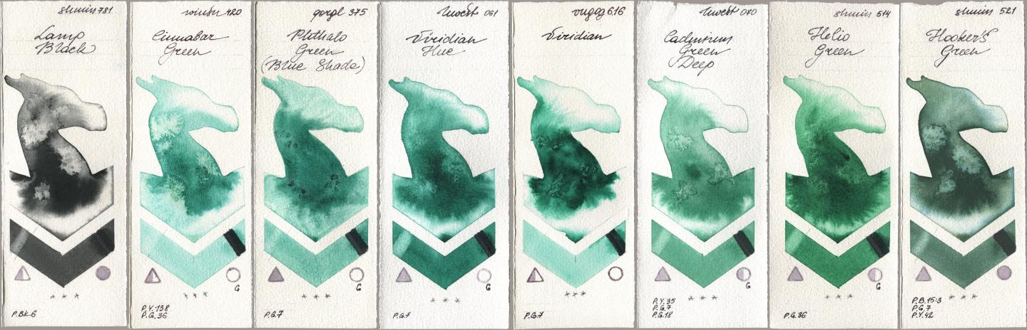 Shminke Horadam Aquarell 781 Lamp Black, Winsor & Newton Professional 420 Cinnabar Green, Golden QOR 375 Phthalo Green (Blue Shade), Holbein Artists Watercolor 061 Virdian Hue, Royal Talens Van Gogh Watercolour 616 Viridian, 070 Cadmium Green Deep, 514 Helio Green, 521 Hookers Gre watercolor swatch