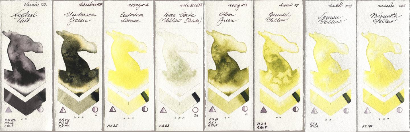 Shminke Horadam Aquarell 782 Neutral Tint, Daniel Smith 109 Undersea Green, Rosa Gallery 702 Cadmium Lemon, Winsor & Newton Professional 638 Terre Verte (Yellow Shade), 713 Olive Green, Kuretake Gansai Tambi 048 Greenish Yellow, Holbein Artists Watercolor 033 Lemon Yellow, 025 Bismuth Yell watercolor swatch