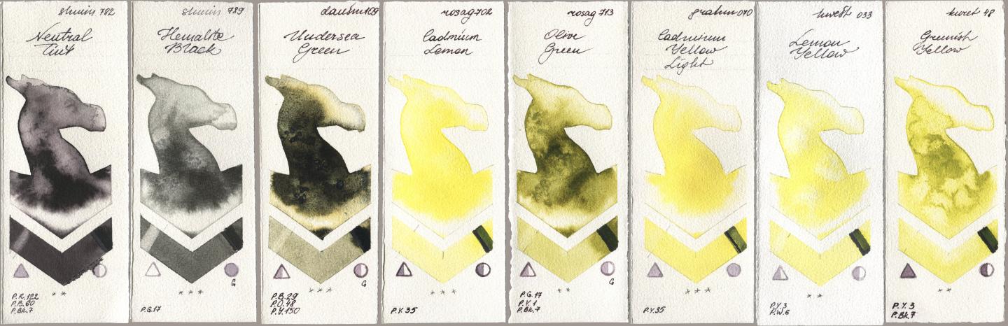 Shminke Horadam Aquarell 782 Neutral Tint, 789 Hematite Black, Daniel Smith 109 Undersea Green, Rosa Gallery 702 Cadmium Lemon, 713 Olive Green, M. Graham & Co. Artists 070 Cadmium Yellow Light, Holbein Artists Watercolor 033 Lemon Yellow, Kuretake Gansai Tambi 048 Greenish Yell watercolor swatch