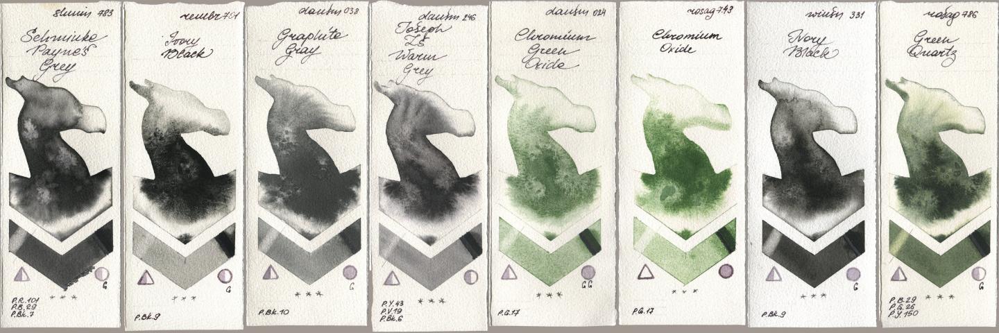 Shminke Horadam Aquarell 783 Schmincke Paynes Grey, Royal Talens Rembrandt Watercolour 701 Ivory Black, Daniel Smith 038 Graphite Gray, 246 Joseph Zs Warm Grey, 024 Chromium Green Oxide, Rosa Gallery 743 Chromium Oxide, Winsor & Newton Professional 331 Ivory Black, 786 Green Quar watercolor swatch