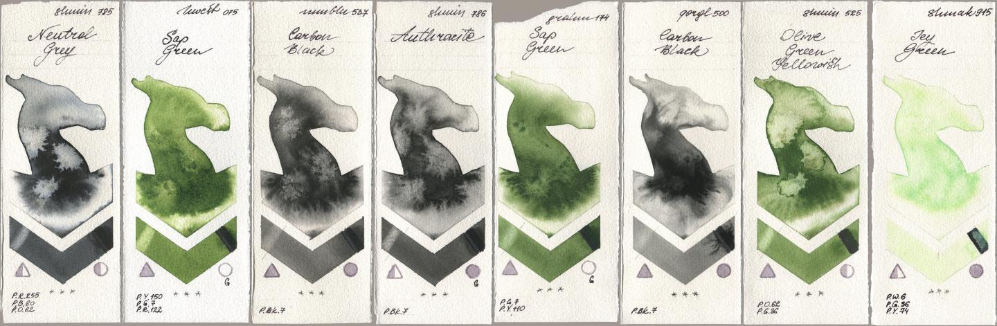 Shminke Horadam Aquarell 785 Neutral Grey, Holbein Artists Watercolor 075 Sap Green, Maimeri Blu 537 Carbon Black, 786 Anthracite, M. Graham & Co. Artists 174 Sap Green, Golden QOR 500 Carbon Black, 525 Olive Green Yellowish, Shminke Akademie Aquarell 915 Icy Gre watercolor swatch