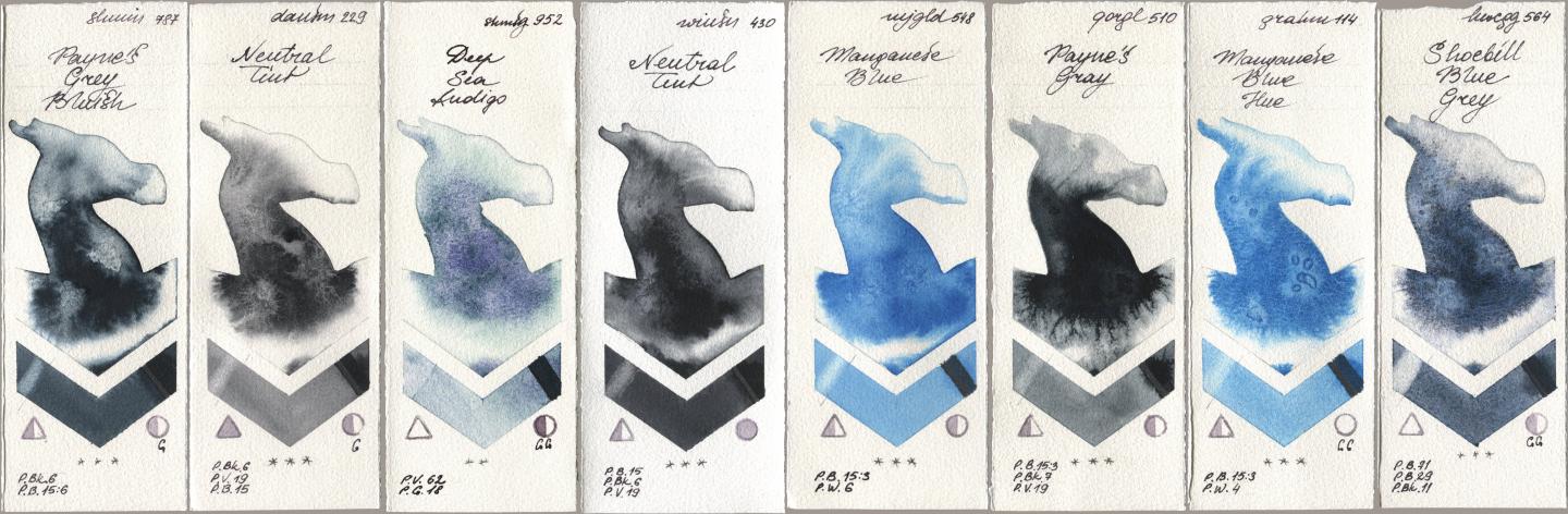 Shminke Horadam Aquarell 787 Paynes Grey Bluish, Daniel Smith 229 Neutral Tint, 952 Deep Sea Indigo, Winsor & Newton Professional 430 Neutral Tint, Mijello Mission Gold 548 Manganese Blue, Golden QOR 510 Paynes Gray, M. Graham & Co. Artists 114 Manganese Blue Hue, Holbein Artists Watercolor 564 Shoebill Blue Gr watercolor swatch