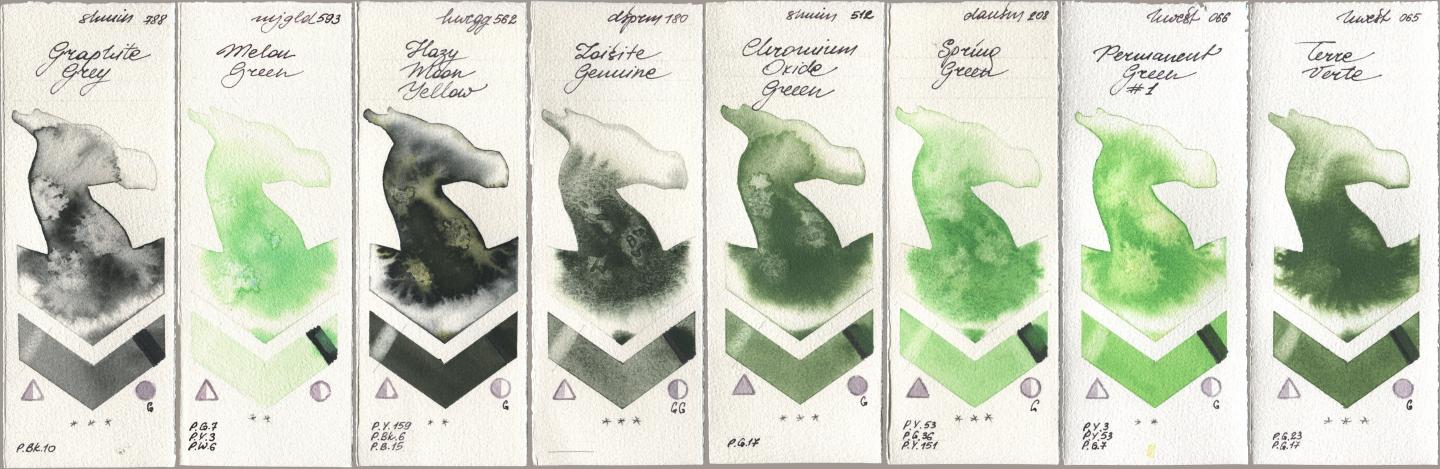 Shminke Horadam Aquarell 788 Graphite Grey, Mijello Mission Gold 593 Melon Green, Holbein Artists Watercolor 562 Hazy Moon Yellow, Daniel Smith 180 Zoisite Genuine, 512 Chromium Oxide Green, 208 Spring Green, 066 Permanent Green No 1, 065 Terre Ver watercolor swatch