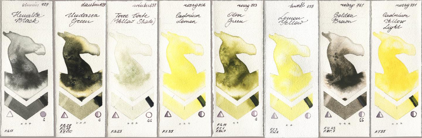 Shminke Horadam Aquarell 789 Hematite Black, Daniel Smith 109 Undersea Green, Winsor & Newton Professional 638 Terre Verte (Yellow Shade), Rosa Gallery 702 Cadmium Lemon, 713 Olive Green, Holbein Artists Watercolor 033 Lemon Yellow, 761 Golden Brown, 731 Cadmium Yellow Lig watercolor swatch