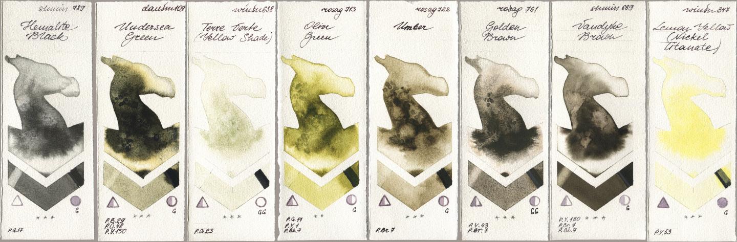 Shminke Horadam Aquarell 789 Hematite Black, Daniel Smith 109 Undersea Green, Winsor & Newton Professional 638 Terre Verte (Yellow Shade), Rosa Gallery 713 Olive Green, 722 Umber, 761 Golden Brown, 669 Vandyke Brown, 347 Lemon Yellow (Nickel Titanat watercolor swatch