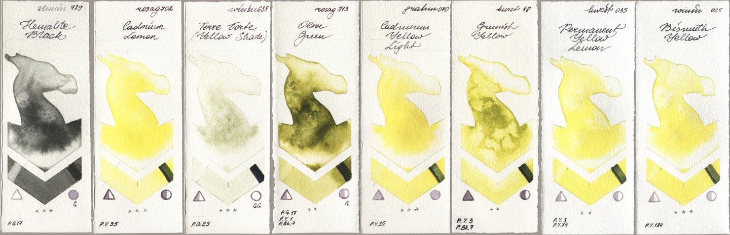 Shminke Horadam Aquarell 789 Hematite Black, Rosa Gallery 702 Cadmium Lemon, Winsor & Newton Professional 638 Terre Verte (Yellow Shade), 713 Olive Green, M. Graham & Co. Artists 070 Cadmium Yellow Light, Kuretake Gansai Tambi 048 Greenish Yellow, Holbein Artists Watercolor 035 Permanent Yellow Lemon, 025 Bismuth Yell watercolor swatch