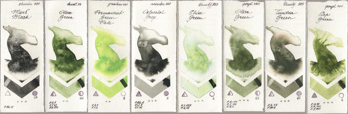 Shminke Horadam Aquarell 791 Mars Black, Kuretake Gansai Tambi 054 Olive Green, M. Graham & Co. Artists 131 Permanent Green Pale, Winsor & Newton Professional 428 Ostwald Grey, 933 Shire Green, Golden QOR 420 Olive Green, 985 Tundra Green, 400 Sap Gre watercolor swatch