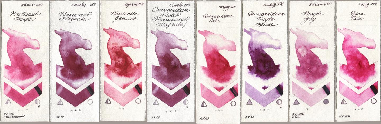 Shminke Horadam Aquarell 930 Brilliant Purple, Winsor & Newton Professional 489 Permanent Magenta, Daniel Smith 167 Rhodonite Genuine, Holbein Artists Watercolor 120 Quinacridone Violet (Permanent Magenta), Royal Talens Van Gogh Watercolour 366 Quinacridone Rose, 593 Quinacridone Purple Bluish, Shinhan PWC 650 Purple Grey, Rosa Gallery 744 Opera Ro watercolor swatch