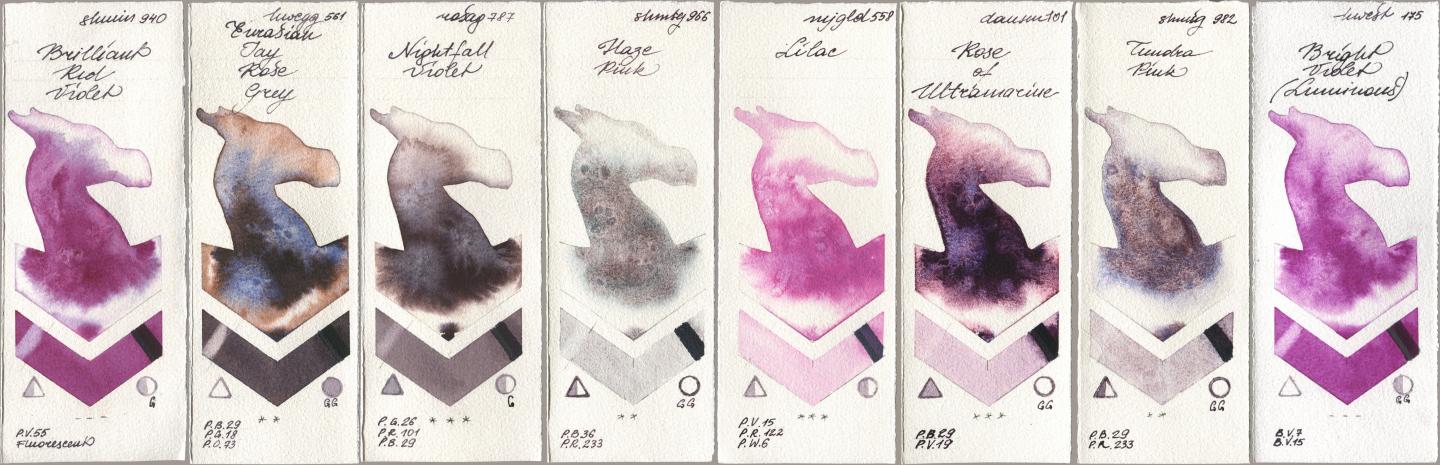 Shminke Horadam Aquarell 940 Brilliant Red Violet, Holbein Artists Watercolor 561 Eurasian Jay Rose Grey, Rosa Gallery 787 Nightfall Violet, 966 Haze Pink, Mijello Mission Gold 558 Lilac, Daniel Smith 101 Rose of Ultramarine, 982 Tundra Pink, 175 Bright Violet (Luminou watercolor swatch