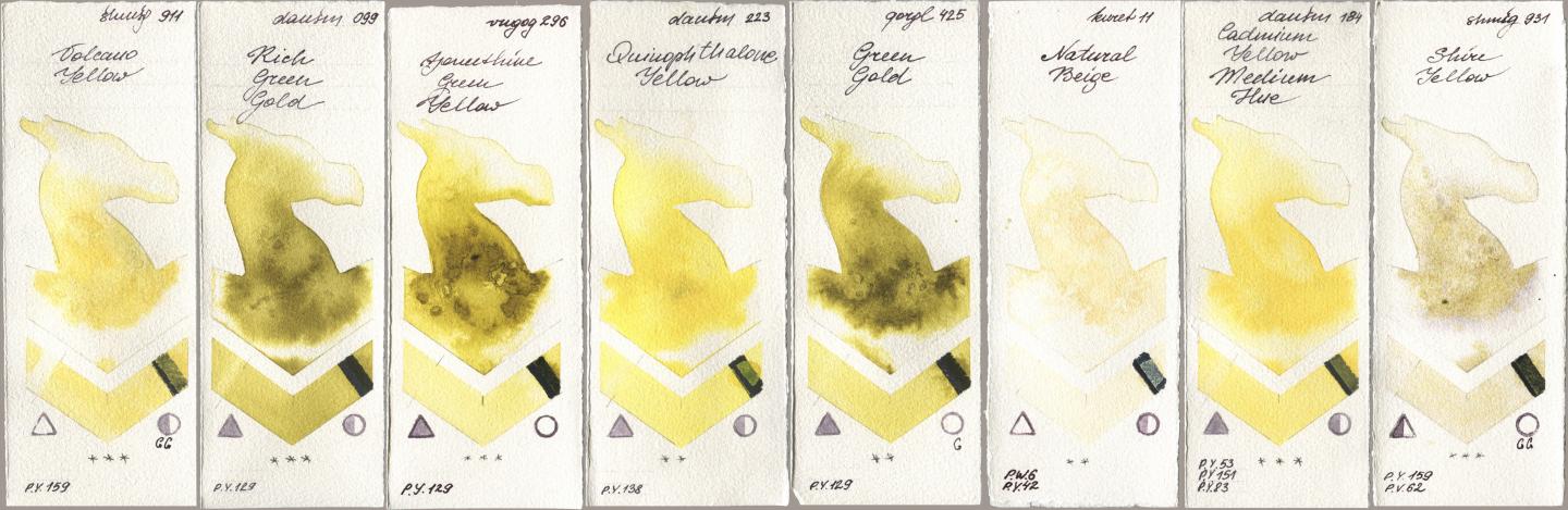Shminke Horadam Aquarell 911 Volcano Yellow, Daniel Smith 099 Rich Green Gold, Royal Talens Van Gogh Watercolour 296 Azomethine Green Yellow, 223 Quinophthalone Yellow, Golden QOR 425 Green Gold, Kuretake Gansai Tambi 011 Natural Beige, 184 Cadmium Yellow Medium Hue, 931 Shire Yell watercolor swatch