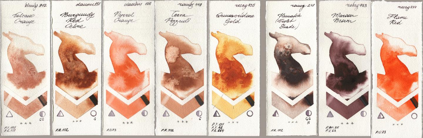 Shminke Horadam Aquarell 912 Volcano Orange, Daniel Smith 151 Burgundy Red Ochre, 126 Pyrrol Orange, Roman Szmal Aquarius 119 Terra Pozzuoli, Rosa Gallery 735 Quinacridone Gold, 248 Hematite (Violet Shade), 763 Maroon Brown, 734 Flame R watercolor swatch