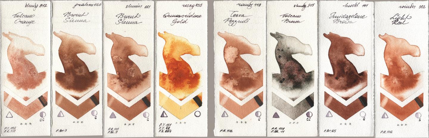 Shminke Horadam Aquarell 912 Volcano Orange, M. Graham & Co. Artists 020 Burnt Sienna, 661 Burnt Sienna, Rosa Gallery 735 Quinacridone Gold, Roman Szmal Aquarius 119 Terra Pozzuoli, 915 Volcano Brown, Holbein Artists Watercolor 141 Imidazolone Brown, Winsor & Newton Professional 362 Light R watercolor swatch