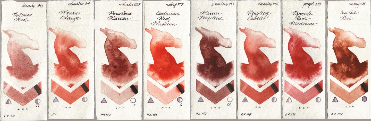 Shminke Horadam Aquarell 913 Volcano Red, Daniel Smith 216 Mayan Orange, Winsor & Newton Professional 507 Perylene Maroon, Rosa Gallery 707 Cadmium Red Medium, M. Graham & Co. Artists 113 Maroon Perylene, 076 Perylene Scarlet, Golden QOR 210 Pyrrole Red Medium, 736 English R watercolor swatch