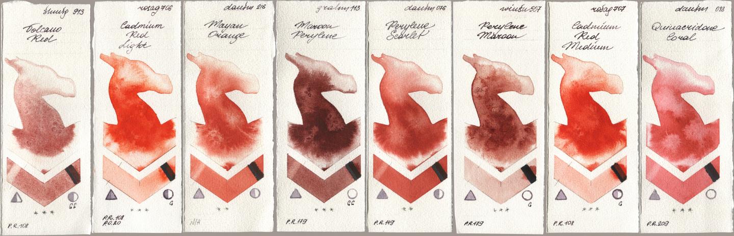Shminke Horadam Aquarell 913 Volcano Red, Rosa Gallery 706 Cadmium Red Light, Daniel Smith 216 Mayan Orange, M. Graham & Co. Artists 113 Maroon Perylene, 076 Perylene Scarlet, Winsor & Newton Professional 507 Perylene Maroon, 707 Cadmium Red Medium, 088 Quinacridone Cor watercolor swatch