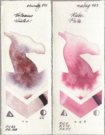 Shminke Horadam Aquarell 914 Volcano Violet, Rosa Gallery 793 Rose Pa watercolor swatch