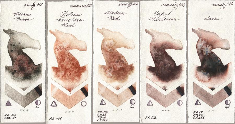 Shminke Horadam Aquarell 915 Volcano Brown vs Daniel Smith 122 Italian Venetian Red vs 926 Urban Red vs Roman Szmal Aquarius 239 Caput Mortuum vs 384 Lava watercolor swatch