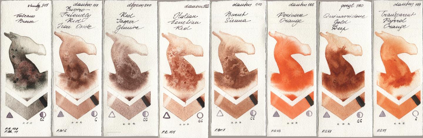 Shminke Horadam Aquarell 915 Volcano Brown, Daniel Smith 177 Enviro-Friendly Red Iron Oxide, 240 Red Jasper Genuine, 122 Italian Venetian Red, 010 Burnt Sienna, 066 Perinone Orange, Golden QOR 160 Quinacridone Gold Deep, 187 Transparent Pyrrol Oran watercolor swatch