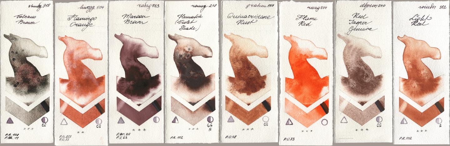 Shminke Horadam Aquarell 915 Volcano Brown, Holbein Artists Watercolor 504 Flamingo Orange, Rosa Gallery 763 Maroon Brown, Roman Szmal Aquarius 248 Hematite (Violet Shade), M. Graham & Co. Artists 157 Quinacridone Rust, 734 Flame Red, Daniel Smith 240 Red Jasper Genuine, Winsor & Newton Professional 362 Light R watercolor swatch