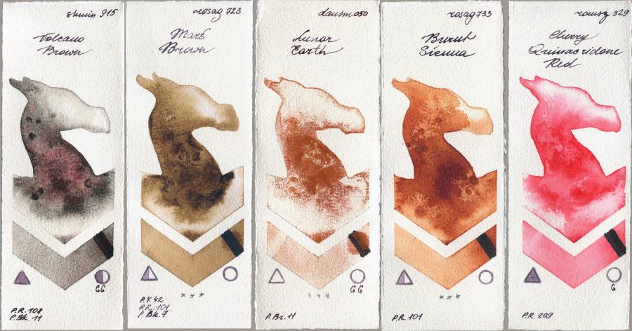 Shminke Horadam Aquarell 915 Volcano Brown vs Rosa Gallery 723 Mars Brown vs Daniel Smith 050 Lunar Earth vs 733 Burnt Sienna vs Roman Szmal Aquarius 329 Cherry Quinacridone Red watercolor swatch