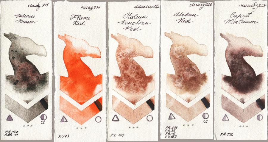 Shminke Horadam Aquarell 915 Volcano Brown vs Rosa Gallery 734 Flame Red vs Daniel Smith 122 Italian Venetian Red vs 926 Urban Red vs Roman Szmal Aquarius 239 Caput Mortuum watercolor swatch