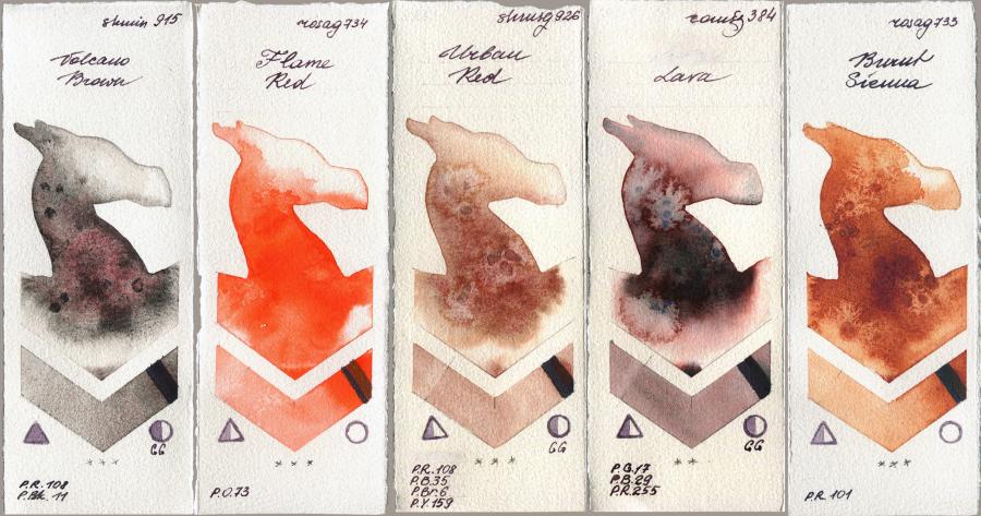 Shminke Horadam Aquarell 915 Volcano Brown vs Rosa Gallery 734 Flame Red vs 926 Urban Red vs Roman Szmal Aquarius 384 Lava vs 733 Burnt Sienna watercolor swatch