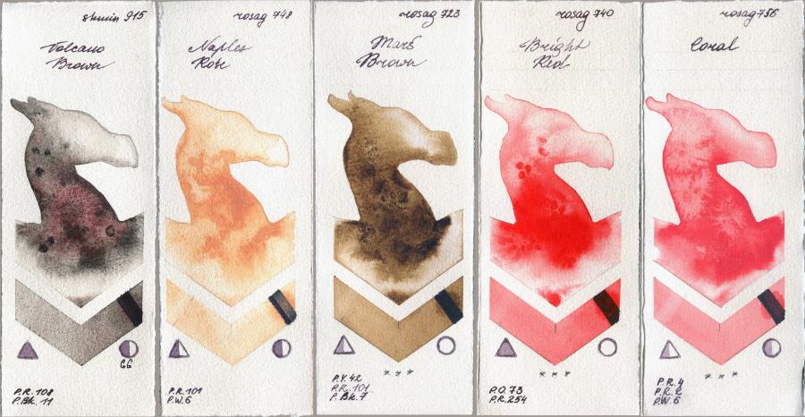Shminke Horadam Aquarell 915 Volcano Brown vs Rosa Gallery 748 Naples Rose vs 723 Mars Brown vs 740 Bright Red vs 756 Coral watercolor swatch