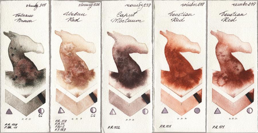 Shminke Horadam Aquarell 915 Volcano Brown vs 926 Urban Red vs Roman Szmal Aquarius 239 Caput Mortuum vs Winsor & Newton Professional 678 Venetian Red vs Royal Talens Rembrandt Watercolour 349 Venerian Red watercolor swatch