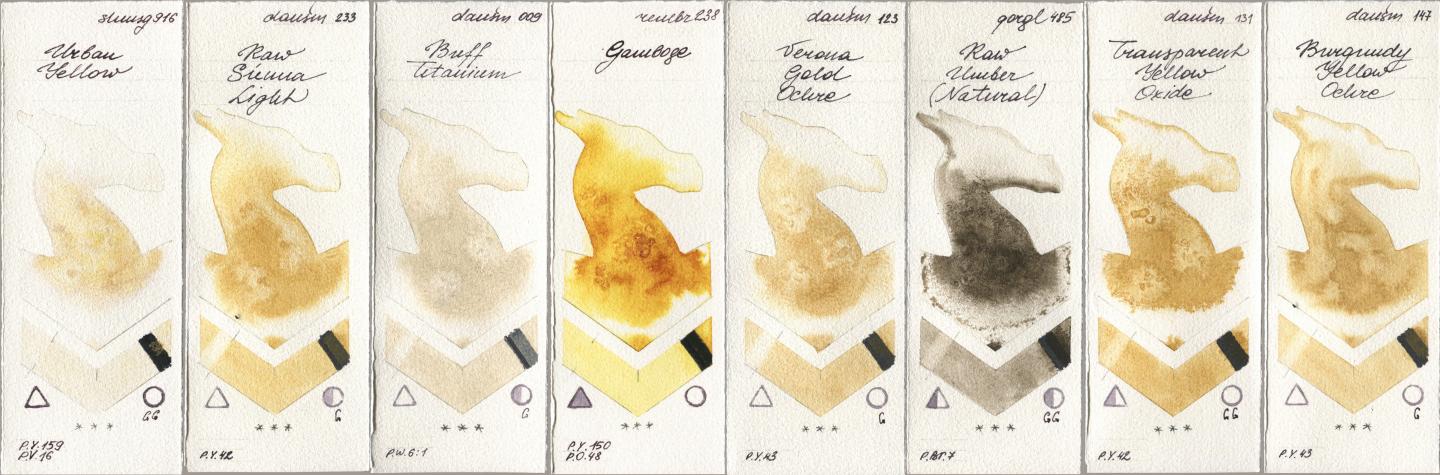 Shminke Horadam Aquarell 916 Urban Yellow, Daniel Smith 233 Raw Sienna Light, 009 Buff Titanium, Royal Talens Rembrandt Watercolour 238 Gamboge, 123 Verona Gold Ochre, Golden QOR 485 Raw Umber (Natural), 131 Transparent Yellow Oxide, 147 Burgundy Yellow Och watercolor swatch