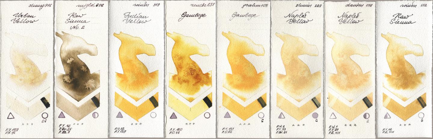 Shminke Horadam Aquarell 916 Urban Yellow, Mijello Mission Gold 606 Raw Sienna No 2, Winsor & Newton Professional 319 Indian Yellow, Royal Talens Rembrandt Watercolour 238 Gamboge, M. Graham & Co. Artists 105 Gamboge, 229 Naples Yellow, Daniel Smith 058 Naples Yellow, 552 Raw Sien watercolor swatch
