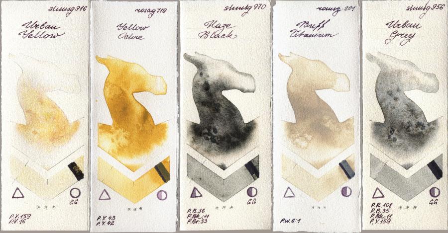 Shminke Horadam Aquarell 916 Urban Yellow vs Rosa Gallery 719 Yellow Ochre vs 970 Haze Black vs Roman Szmal Aquarius 201 Buff Titanium vs 956 Urban Grey watercolor swatch