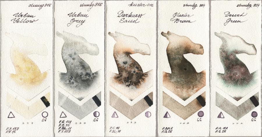 Shminke Horadam Aquarell 916 Urban Yellow vs 956 Urban Grey vs Kusakabe 012 Darkness Sand vs 964 Glacier Brown vs 924 Desert Green watercolor swatch