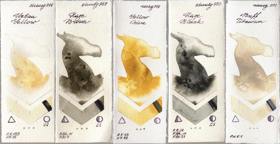 Shminke Horadam Aquarell 916 Urban Yellow vs 969 Haze Brown vs Rosa Gallery 719 Yellow Ochre vs 970 Haze Black vs Roman Szmal Aquarius 201 Buff Titanium watercolor swatch