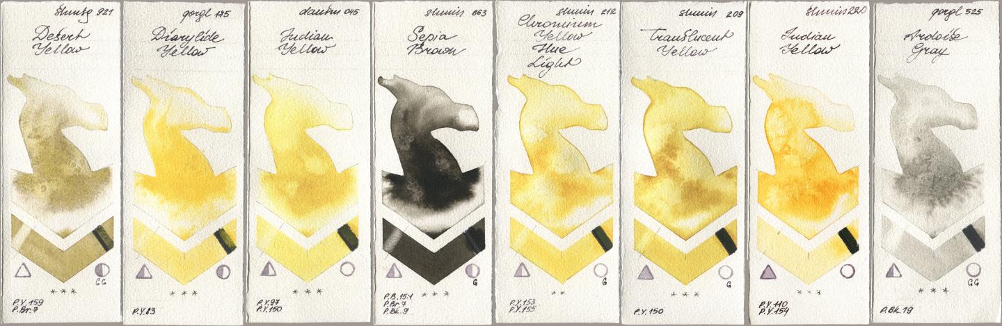 Shminke Horadam Aquarell 921 Desert Yellow, Golden QOR 175 Diarylide Yellow, Daniel Smith 045 Indian Yellow, 663 Sepia Brown, 212 Chromium Yellow Hue Light, 209 Translucent Yellow, 220 Indian Yellow, 525 Ardoise Gr watercolor swatch