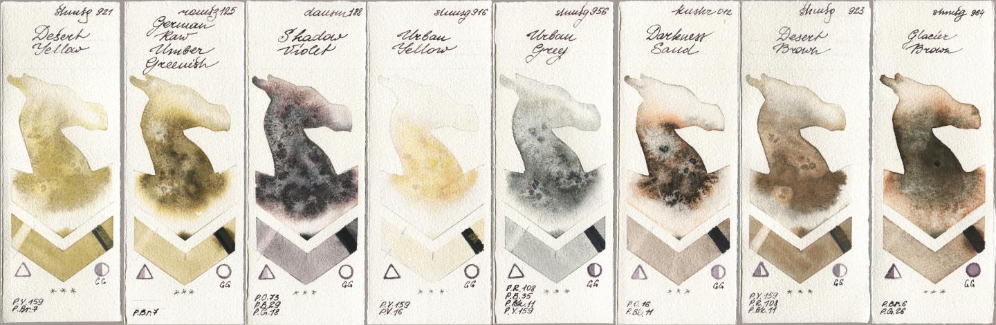Shminke Horadam Aquarell 921 Desert Yellow, Roman Szmal Aquarius 125 German Raw Umber Greenish, Daniel Smith 188 Shadow Violet, 916 Urban Yellow, 956 Urban Grey, Kusakabe 012 Darkness Sand, 923 Desert Brown, 964 Glacier Bro watercolor swatch