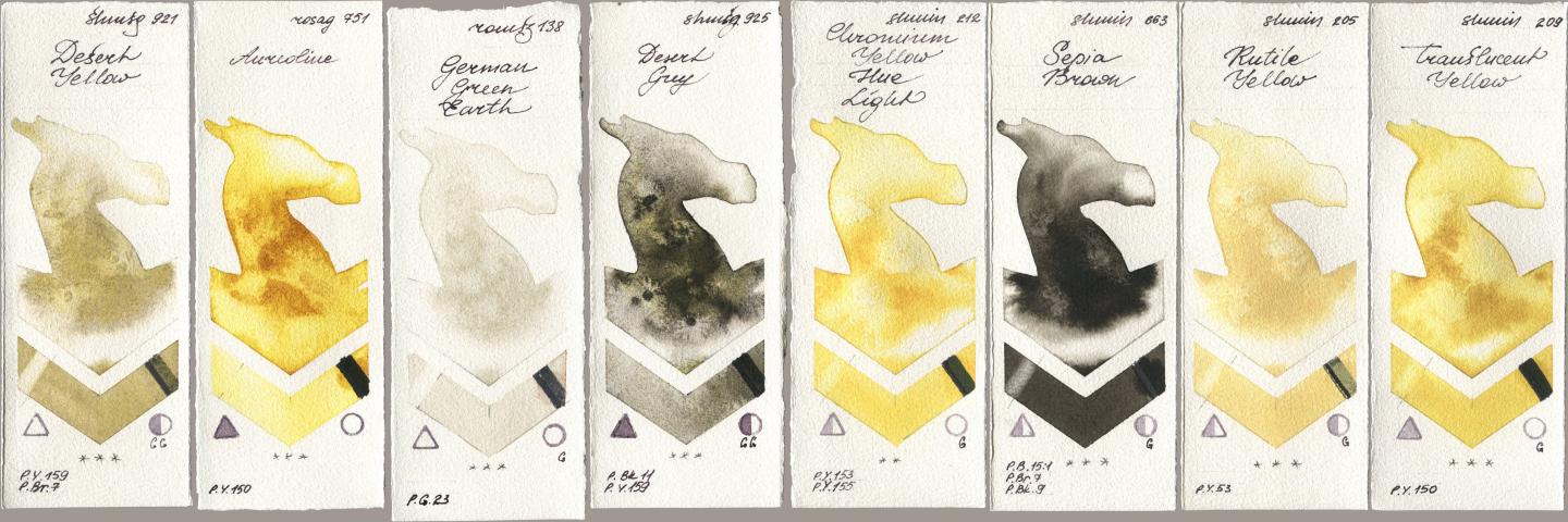 Shminke Horadam Aquarell 921 Desert Yellow, Rosa Gallery 751 Aureoline, Roman Szmal Aquarius 138 German Green Earth, 925 Desert Grey, 212 Chromium Yellow Hue Light, 663 Sepia Brown, 205 Rutile Yellow, 209 Translucent Yell watercolor swatch