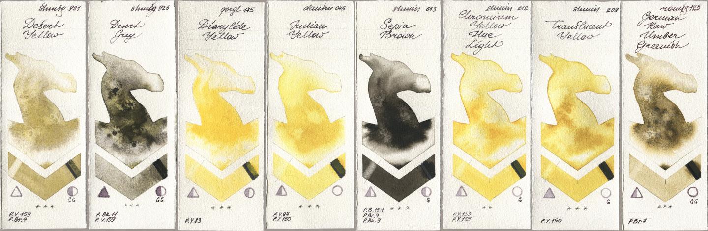 Shminke Horadam Aquarell 921 Desert Yellow, 925 Desert Grey, Golden QOR 175 Diarylide Yellow, Daniel Smith 045 Indian Yellow, 663 Sepia Brown, 212 Chromium Yellow Hue Light, 209 Translucent Yellow, Roman Szmal Aquarius 125 German Raw Umber Greeni watercolor swatch