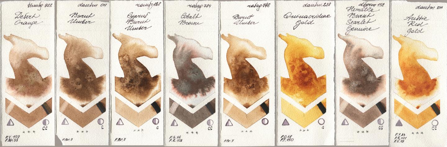 Shminke Horadam Aquarell 922 Desert Orange, Daniel Smith 011 Burnt Umber, Roman Szmal Aquarius 128 Cyprus Burnt Umber, Rosa Gallery 784 Cobalt Brown, 746 Burnt Umber, 238 Quinacridone Gold, 158 Hematite Burnt Scarlet Genuine, 234 Aussie Red Go watercolor swatch
