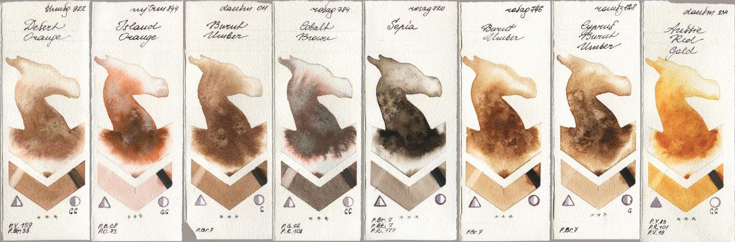 Shminke Horadam Aquarell 922 Desert Orange, Mijello Mission Gold 844 Island Orange, Daniel Smith 011 Burnt Umber, Rosa Gallery 784 Cobalt Brown, 720 Sepia, 746 Burnt Umber, Roman Szmal Aquarius 128 Cyprus Burnt Umber, 234 Aussie Red Go watercolor swatch