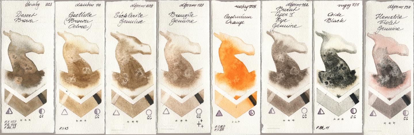 Shminke Horadam Aquarell 923 Desert Brown, Daniel Smith 144 Goethite (Brown Ochre), 209 Sicklerite Genuine, 199 Bronzite Genuine, Rosa Gallery 705 Cadmium Orange, 162 Burnt Tigers Eye Genuine, Royal Talens Van Gogh Watercolour 735 Oxide Black, 157 Hematite Violet Genui watercolor swatch