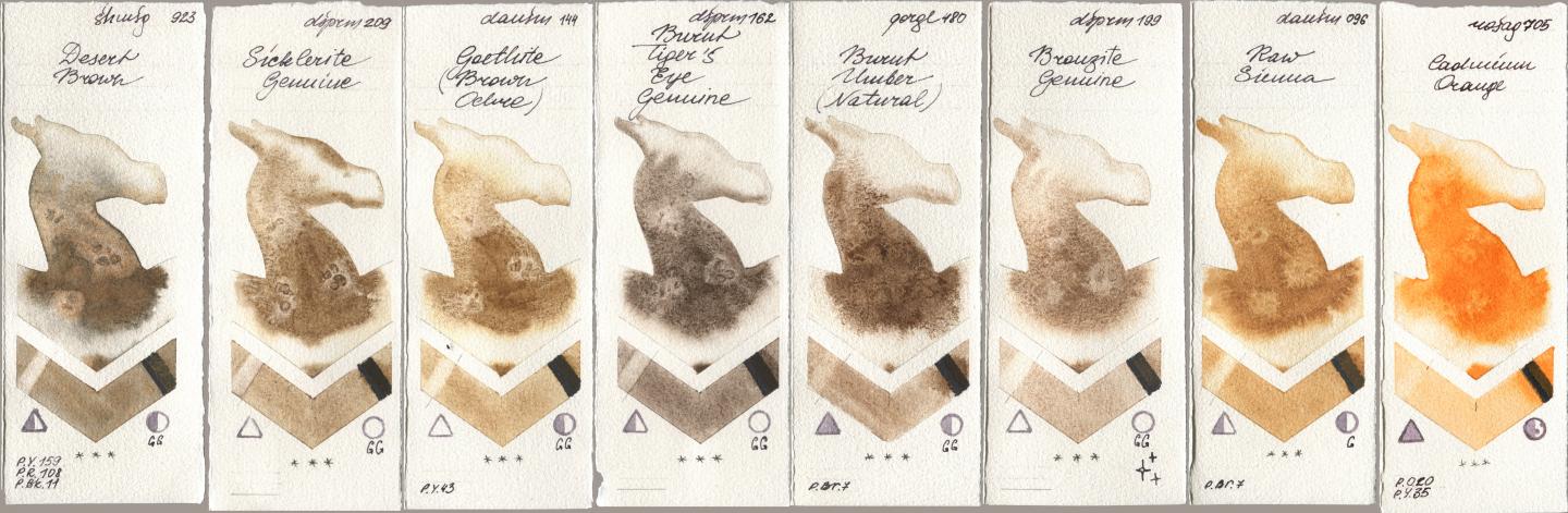 Shminke Horadam Aquarell 923 Desert Brown, Daniel Smith 209 Sicklerite Genuine, 144 Goethite (Brown Ochre), 162 Burnt Tigers Eye Genuine, Golden QOR 480 Burnt Umber (Natural), 199 Bronzite Genuine, 096 Raw Sienna, Rosa Gallery 705 Cadmium Oran watercolor swatch