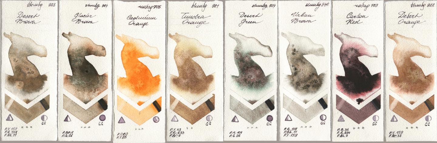 Shminke Horadam Aquarell 923 Desert Brown, 964 Glacier Brown, Rosa Gallery 705 Cadmium Orange, 981 Tundra Orange, 924 Desert Green, 946 Urban Brown, 769 Carbon Red, 922 Desert Oran watercolor swatch
