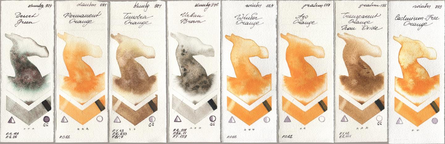 Shminke Horadam Aquarell 924 Desert Green, Daniel Smith 071 Permanent Orange, 981 Tundra Orange, 946 Urban Brown, Winsor & Newton Professional 724 Winsor Orange, M. Graham & Co. Artists 017 Azo Orange, 186 Transparent Orange Iron Oxide, 899 Cadmium-Free Oran watercolor swatch
