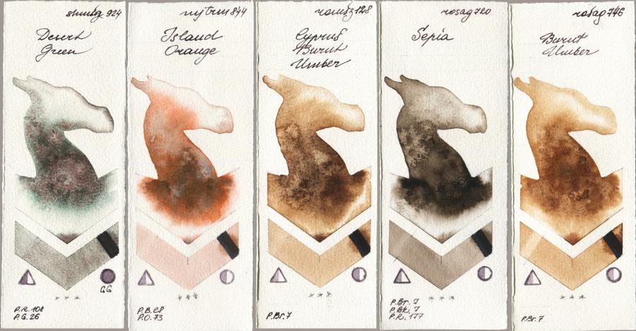 Shminke Horadam Aquarell 924 Desert Green vs Mijello Mission Gold 844 Island Orange vs Roman Szmal Aquarius 128 Cyprus Burnt Umber vs Rosa Gallery 720 Sepia vs 746 Burnt Umber watercolor swatch