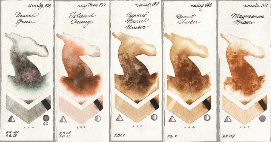 Shminke Horadam Aquarell 924 Desert Green vs Mijello Mission Gold 844 Island Orange vs Roman Szmal Aquarius 128 Cyprus Burnt Umber vs Rosa Gallery 746 Burnt Umber vs Winsor & Newton Professional 381 Magnesuim Brown watercolor swatch