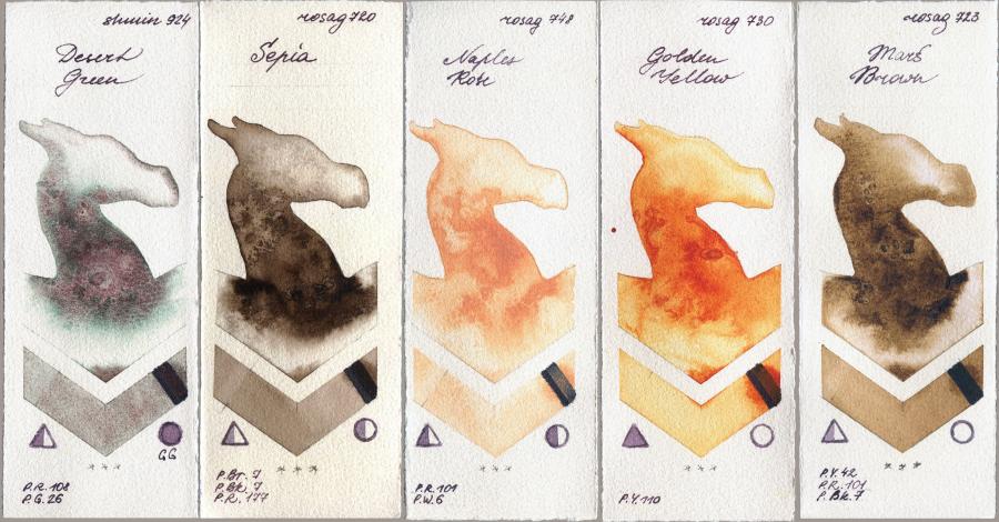 Shminke Horadam Aquarell 924 Desert Green vs Rosa Gallery 720 Sepia vs 748 Naples Rose vs 730 Golden Yellow vs 723 Mars Brown watercolor swatch