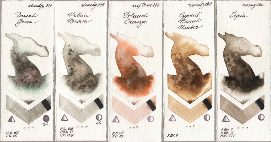 Shminke Horadam Aquarell 924 Desert Green vs 946 Urban Brown vs Mijello Mission Gold 844 Island Orange vs Roman Szmal Aquarius 128 Cyprus Burnt Umber vs Rosa Gallery 720 Sepia watercolor swatch